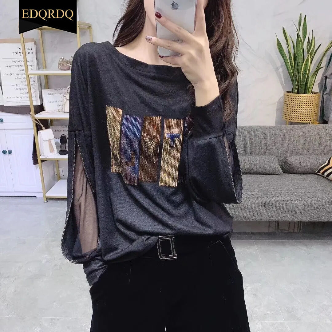 EDQRDQ Fashion Plus Size Tops Zipper Lace Tee Letter Glitter Trend Blouses for Women