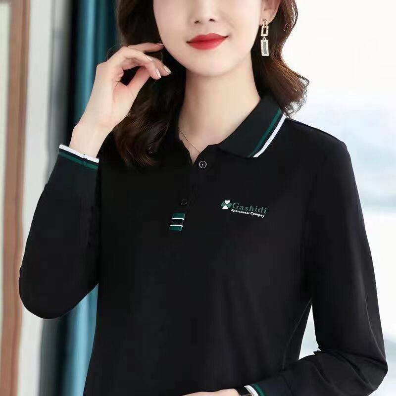 100KG Fat Girl Can Wear Spring and Autumn Fashion Light Green Casual Sport Long Sleeve Women Polo Shirt Loose Plus Size Lapel Blouse Lady Shirt Polo collar T-shirt