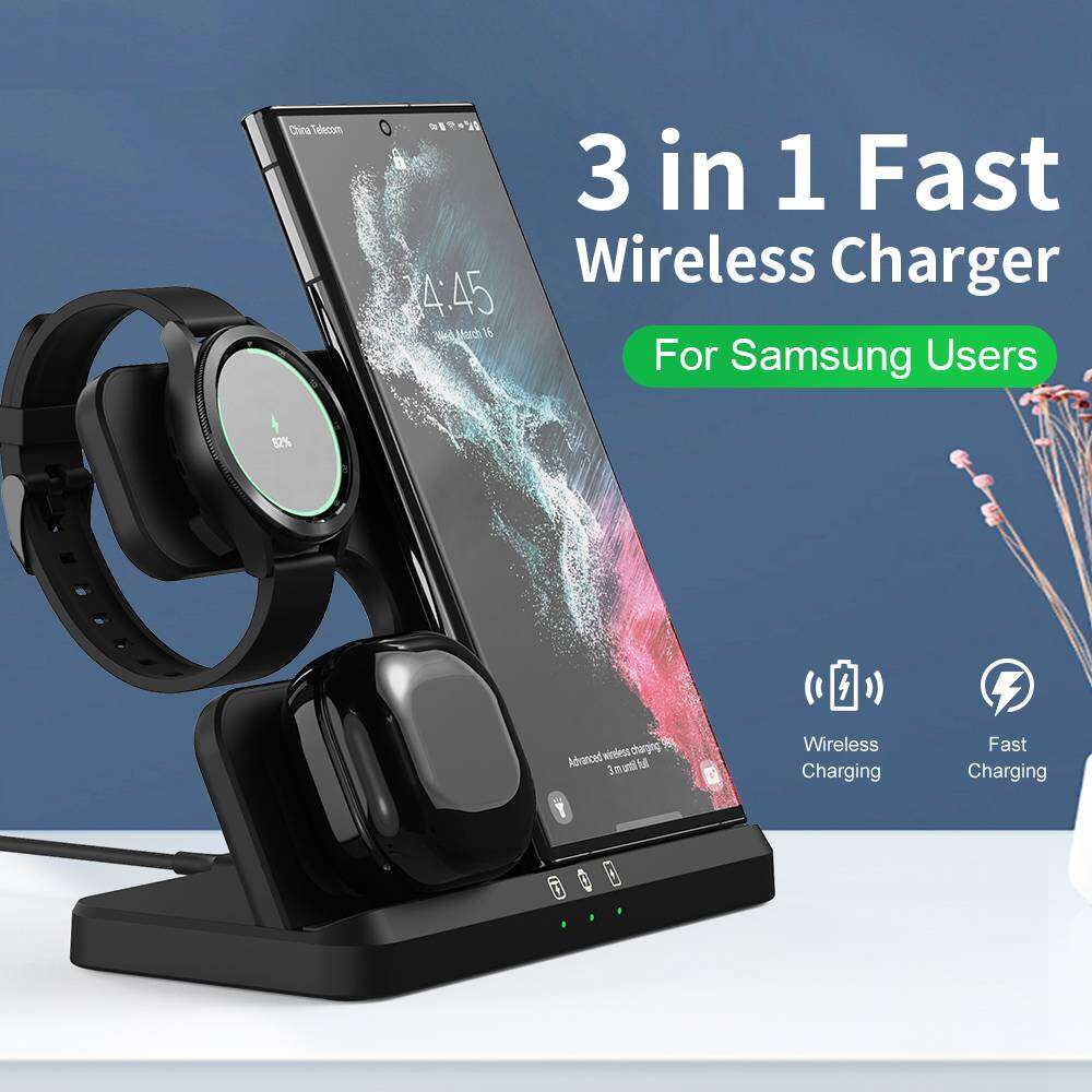 Wireless Charging Station for Samsung 3 in 1 Wireless Charger Stand for Galaxy Watch 5 Pro/4/3/Active 2/1 Compatible with Samsung S22 Ultra S21 S20 Note20 S6 Note10/20 Z Flip 4/3  Z Fold Galaxy Buds 2