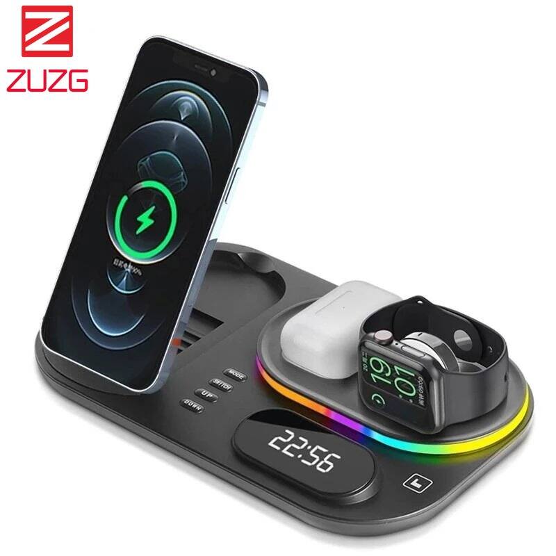 ZUZG 4 in 1 Wireless Charging Station with Digital Clock and Night Light, Wireless Charger Stand Compatible with iPhone 14 13/12, AirPods 3/2/pro, iWatch Series 7/6/5/SE/4/3/2/1, Samsung Galaxy etc