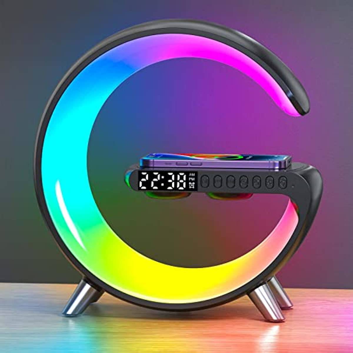 ZUZG 4 In1 Multi Functional Wireless Charger Atmosphere Lamp Bluetooth Speaker Music Clock Alarm Key and App Control Speaker Sound Machine Sunrise Alarm Clock for Adults Kids