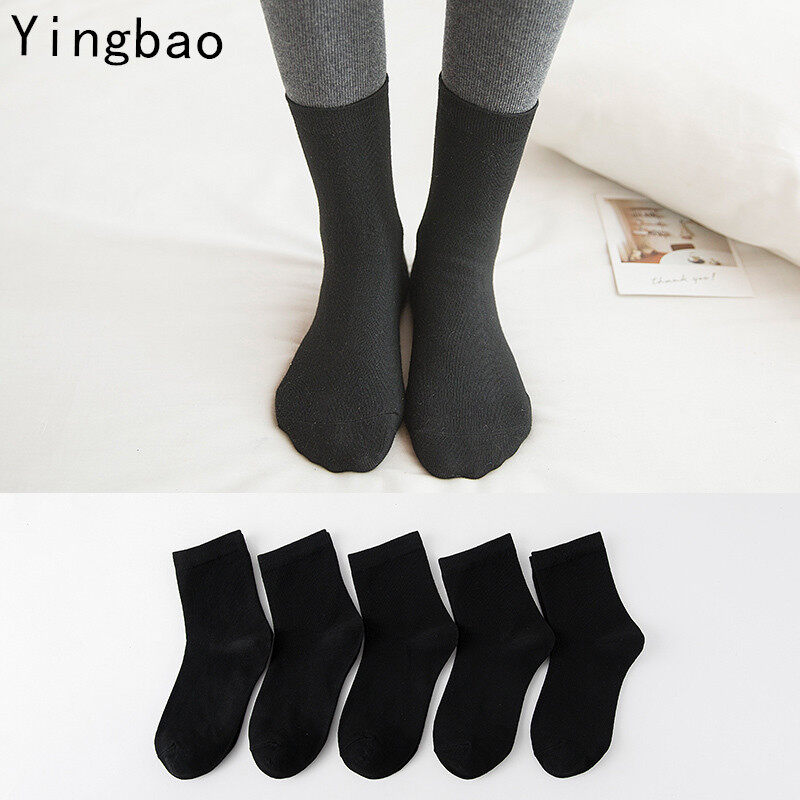 Yingbao 5 pair Womens Cotton Socks High Ankle Casual Sock for Ladies Solid Color Black Grey White