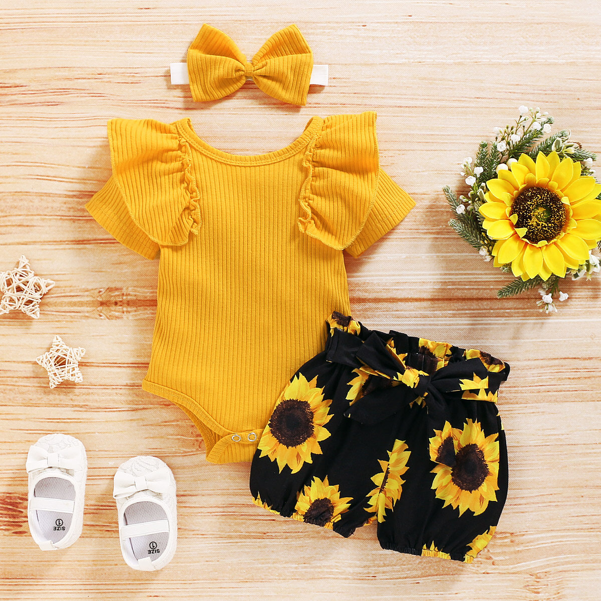 3PCS Newborn Baby Girl Clothes Floral Romper Jumpsuit +Shorts +Headband Outfit Set（No shoes）