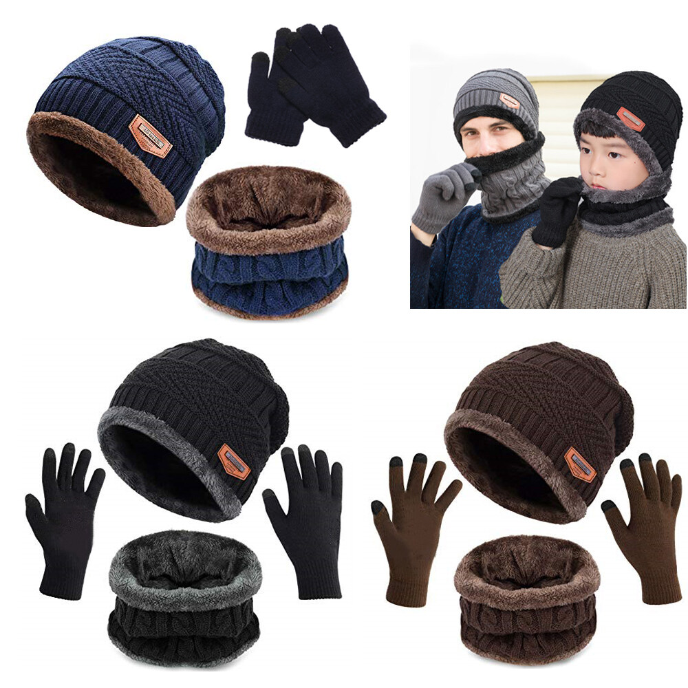 Winter Warmer 3 In 1 Mens Girl Beanie Hat And Neck Scarf Knitted Gloves Set