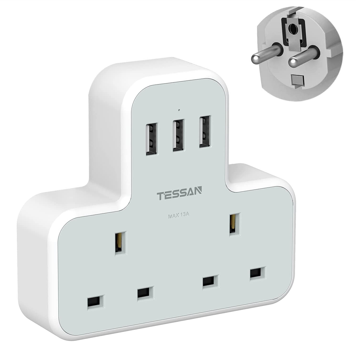 5 in 1  EU Travel Adapter UK Singapore to European Travel Plug Multi Sockets with 3 USB Charging Ports -2 Way AC  Grounded Europe Travel Adaptor USB Charger Power Socket , Double Plug Adaptor UK to EU