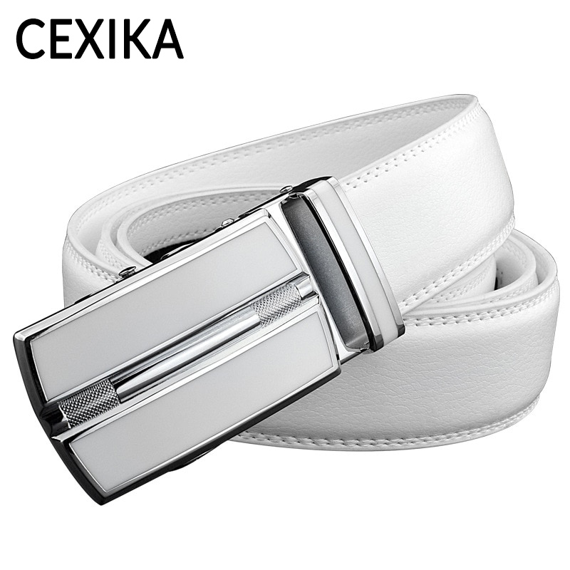CEXIKA White Plus Size LONG Men Leather Belt 130 140 150 160cm Real Cow Original Genuine Leather Automatic Buckle Width Men Waist Straps for Jeans
