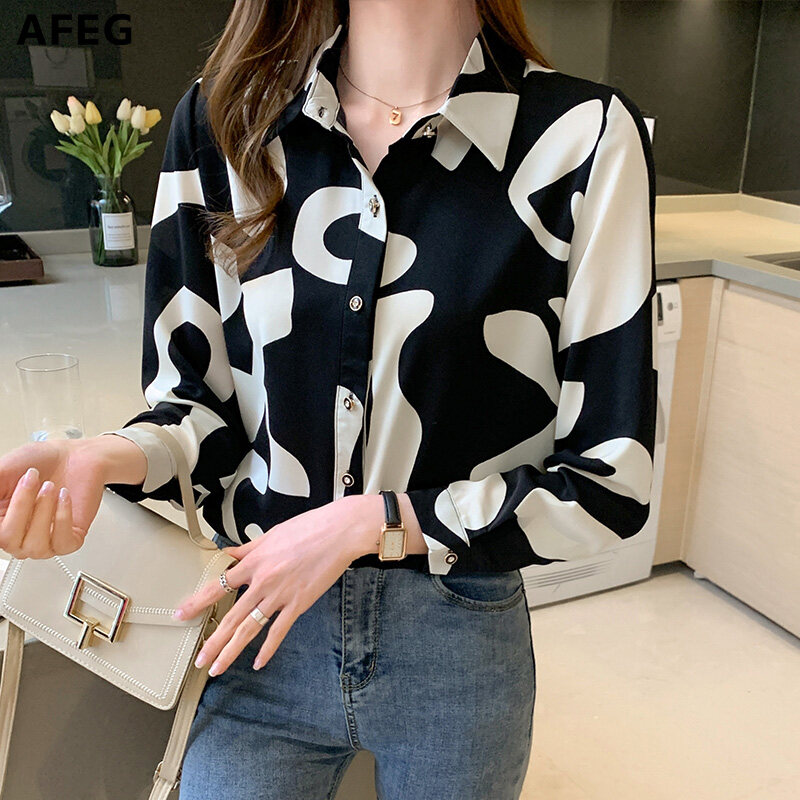 AFEG new women's long-sleeved printed chiffon elegant blouse for women