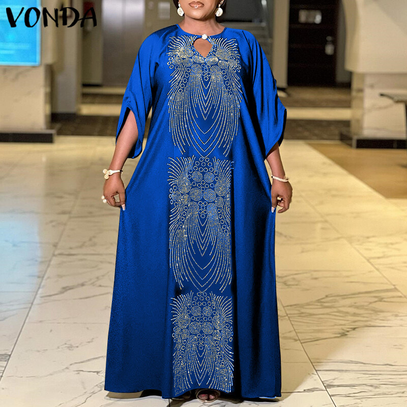 VONDA Womens Floral Printed Maxi Dress 3/4 Sleeve Ethnic Party Long Dress (Plus Size)