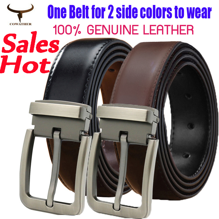 COWATHER Reversible Leather Casual Belt for Men with Genuine Cow Leather 3.3CM Wide Classic Dress Everyday Prong Belts with Metal Prong Buckle