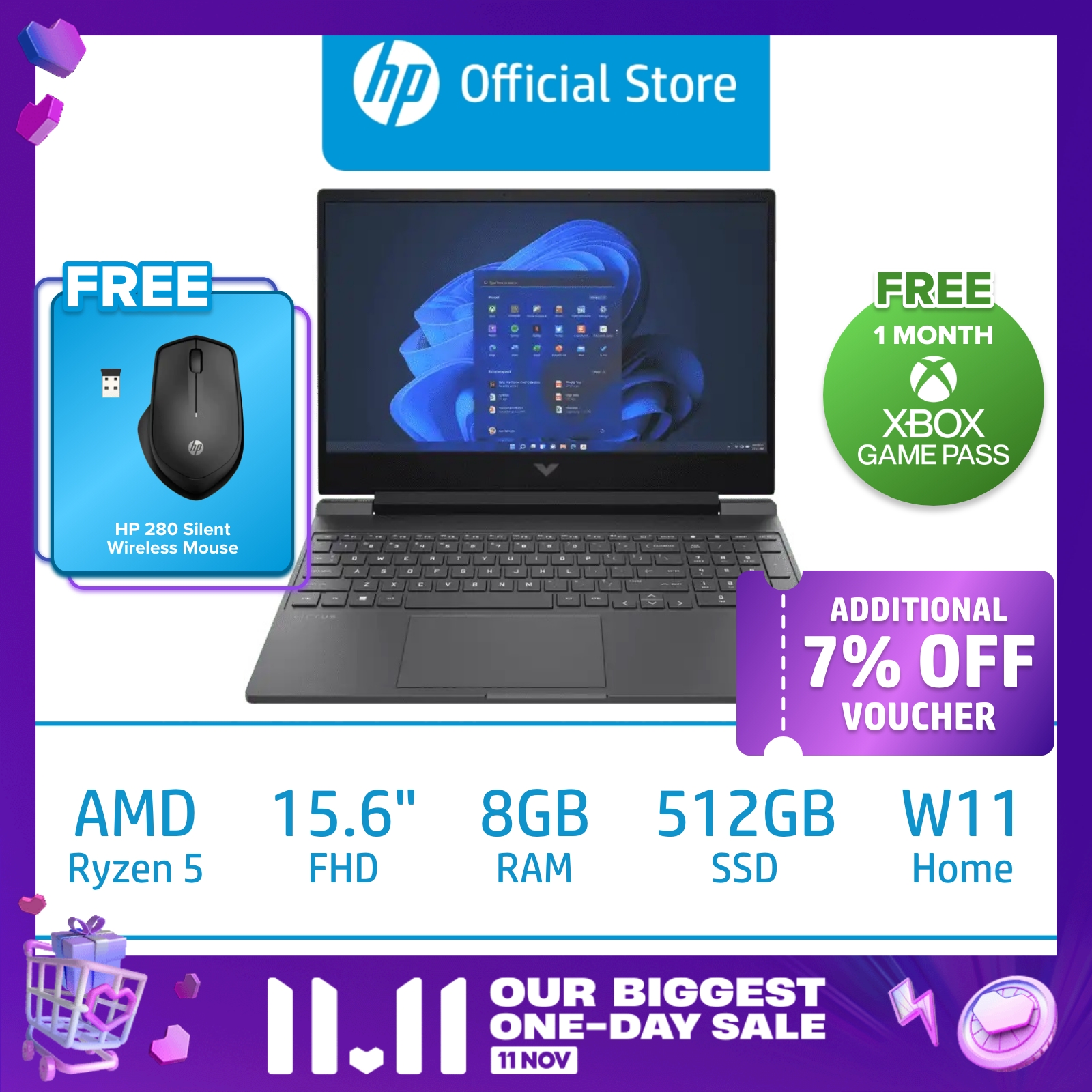 HP Victus Gaming Laptop 15-fb0013AX / AMD Ryzen 5 5600H / NVIDIA GeForce GTX 1650 / 8GB RAM / 512GB SSD / Windows 11 / 1 Year Onsite Warranty / McAfee LiveSafe