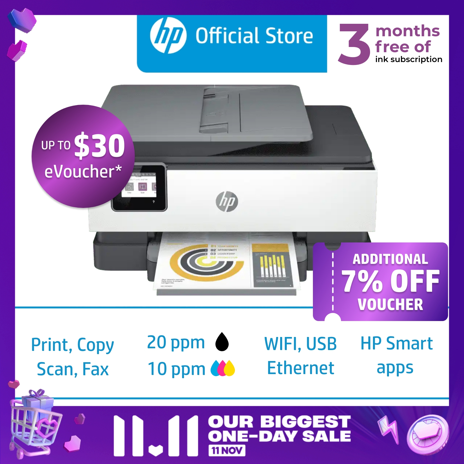 HP OfficeJet Pro 8020e All-in-One Wireless Color Inkjet Printer / Print, Scan and Copy / ADF / Duplex / One Year Warranty