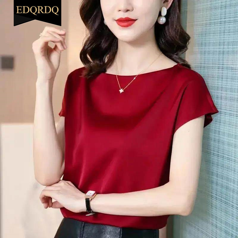 EDQRDQ Women's Short Sleeve Satin Plus Size Blouse Casual Loose Silk Tops Shirt Loose Fit Top