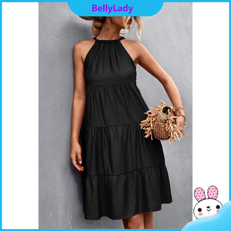 Women Halter Neck Sleeveless Dress Machine Washable Solid Color Comfortable A-line Skirt Clothes
