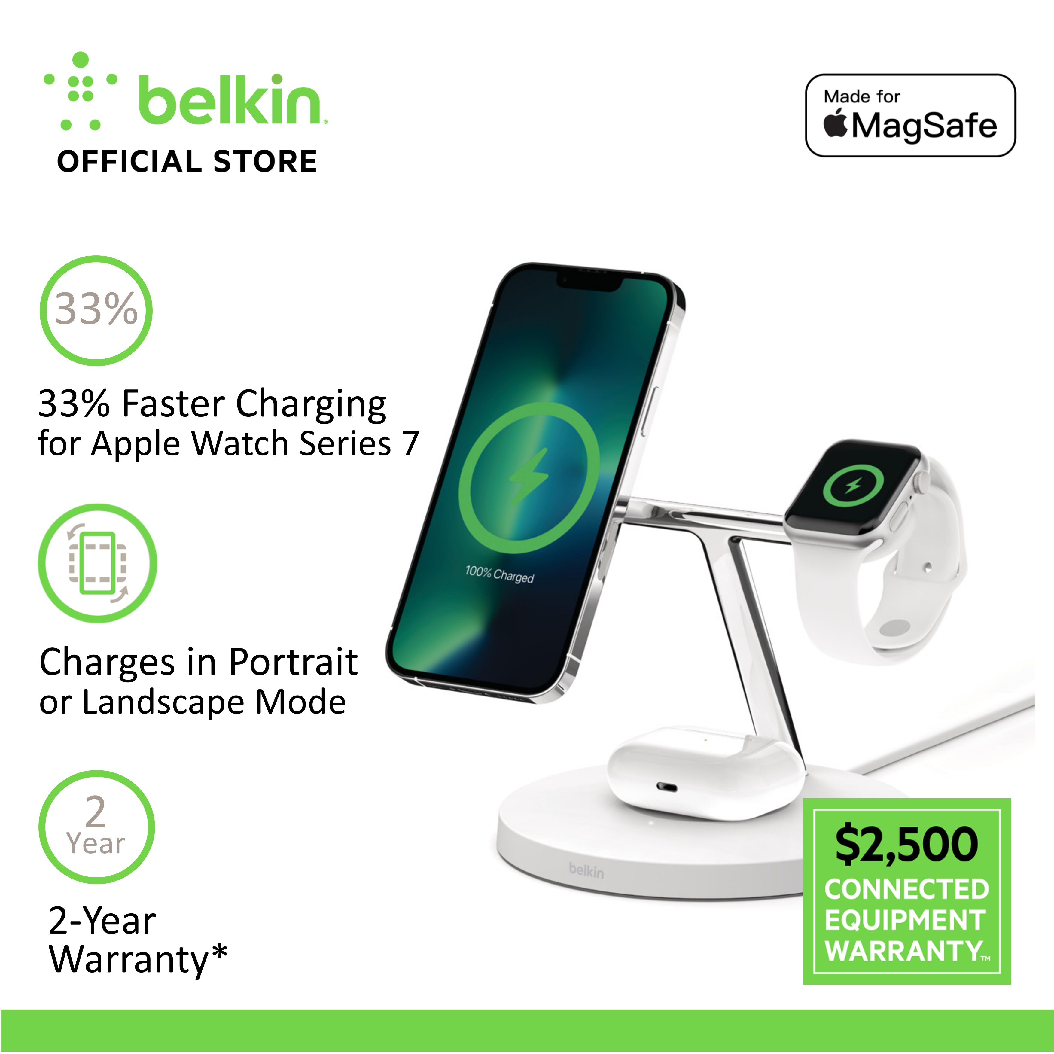 Belkin WIZ017my BoostCharge PRO 3-in-1 Wireless Charger with MagSafe 15W and Power Adapter (iPhone 14/13/12)