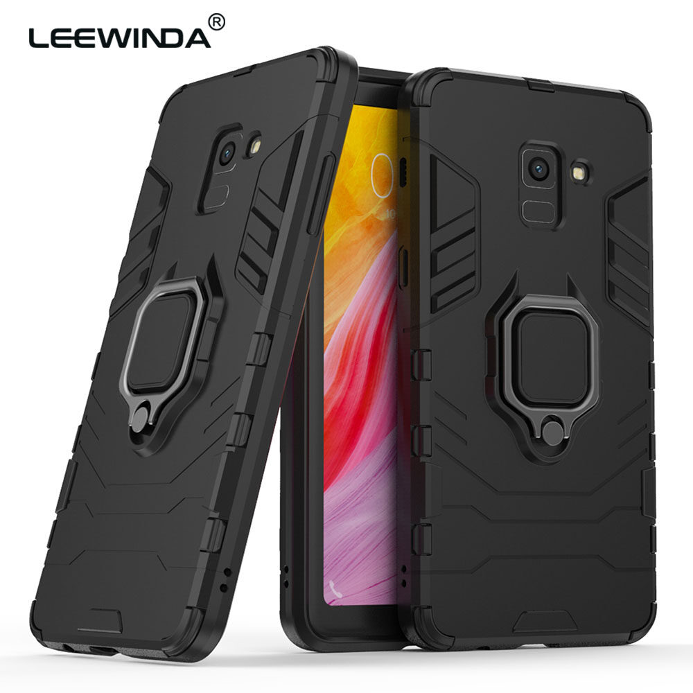 LEEWINDA For Samsung Galaxy A8 Plus 2018 Phone Case, Silicone TPU And Hard PC Luxury Armor Shockproof Metal Ring Holder Cover