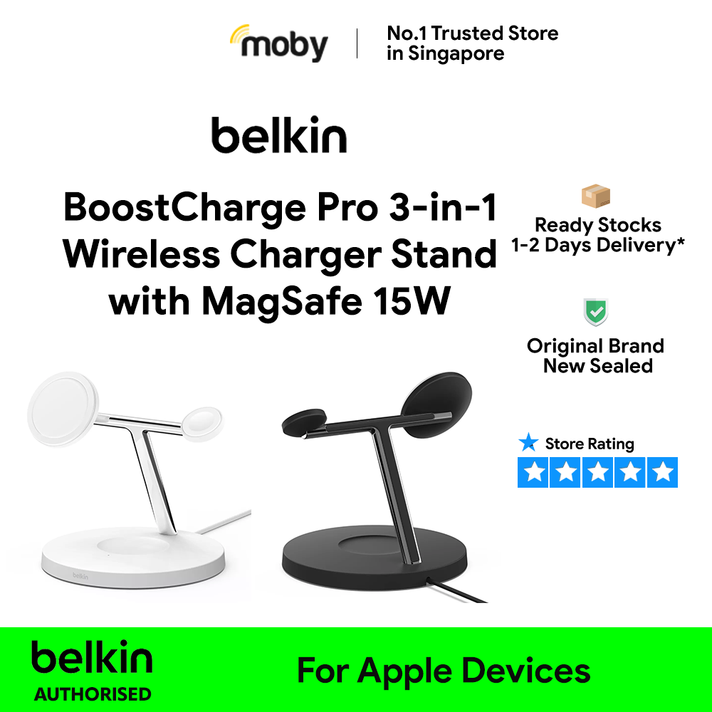 Belkin BoostCharge Pro 3-in-1 Wireless Charger Stand with MagSafe 15W WIZ017 Black / White | 1 Year Manufacturer's Warranty