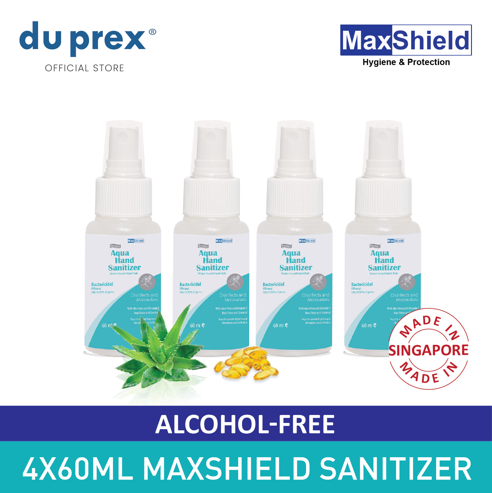 Maxshield Aqua Hand Sanitizer (4 x 60ml) Alcohol Free /Kill 99.99% of germs /Suitable for children/ Made in Singapore