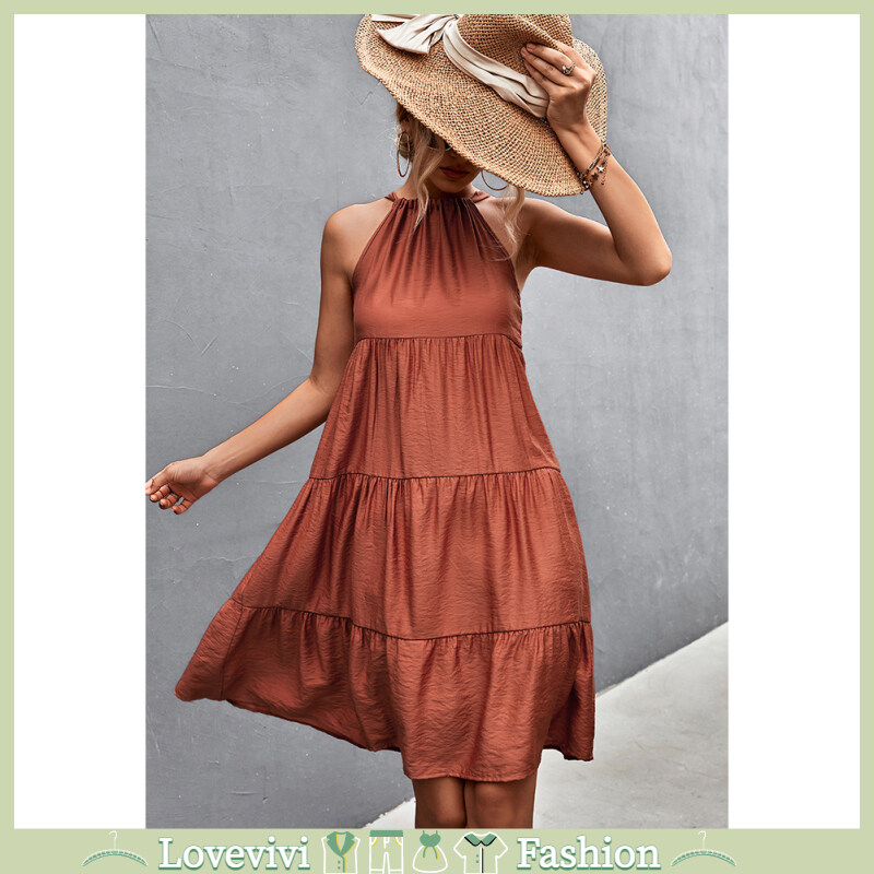 Hot Sale Women Halter Neck Sleeveless Dress Machine Washable Solid Color Comfortable A-line Skirt Clothes