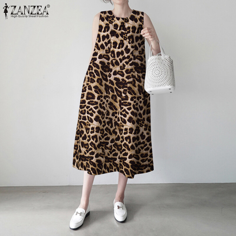 ZANZEA Womens Sleeveless Print Dress Sundress O Neck Bohemian Maxi Dress Loose Plus