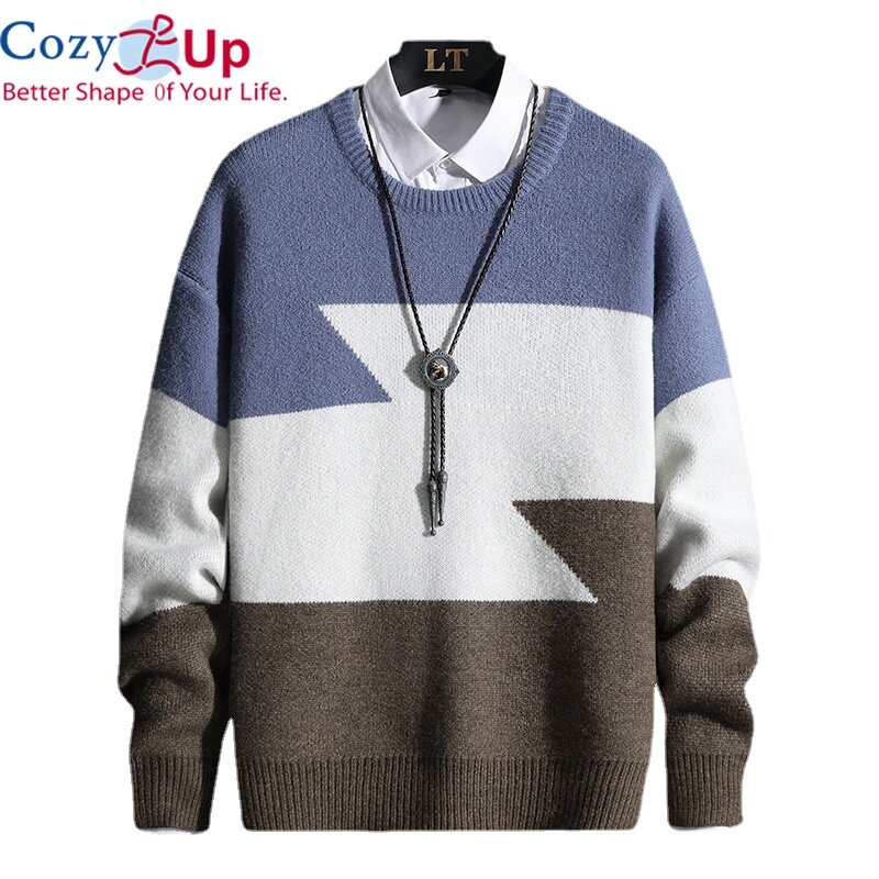 Cozy Up Men Long-sleeved Knitted Pullover Round Neck Color-blocking Soft and Thick Warm Sweater