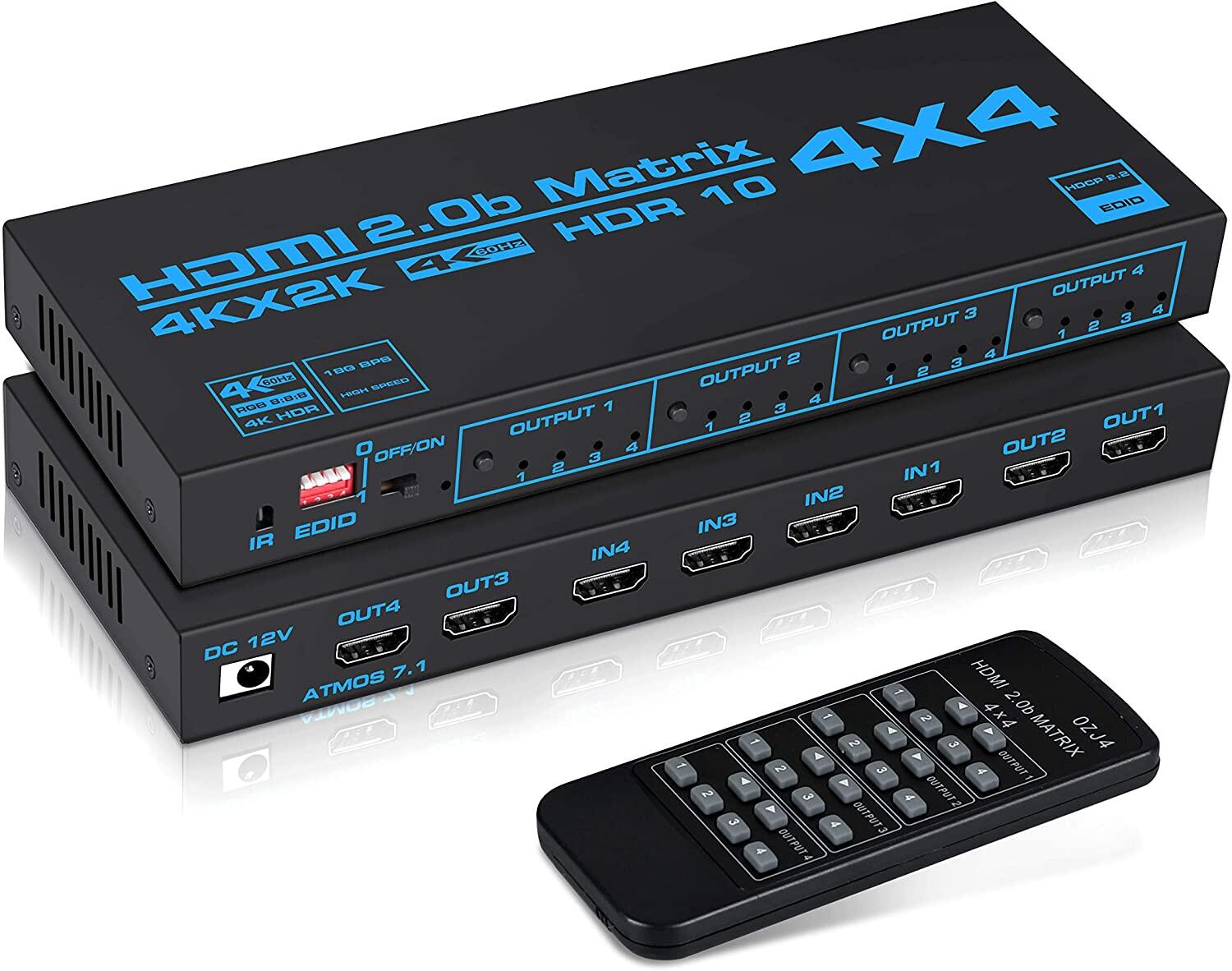 4K60Hz HDMI Matrix Switch 4x4 with EDID Extractor 4 in 4 Out HDMI Switcher Splitter Box Support HDR HDMI 2.0 HDCP 2.2 YUV 4:4:4