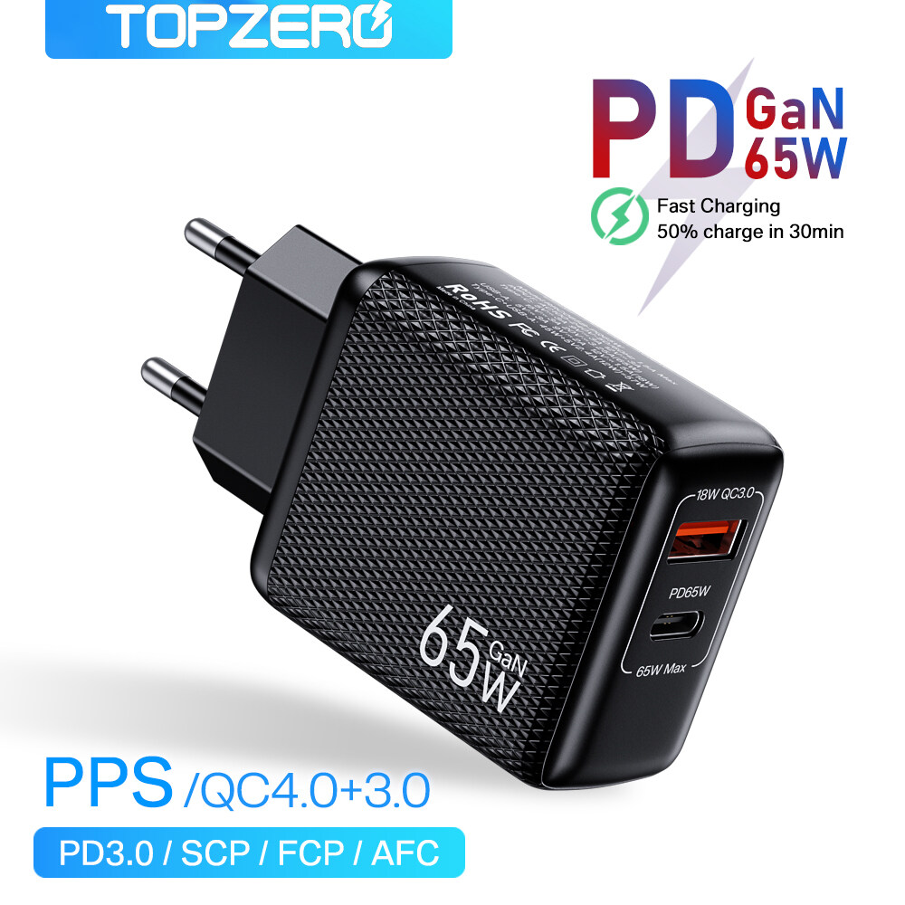 TOPZERO 65W GAN Charger Dual Ports Quick Charge 4.0 3.0 PD 3.0 UBS-C Type C Fast Charging Hub For Huawei Samsung OPPO Phone iPhone 14 Pro Max Laptop Tablet Mobile Phone