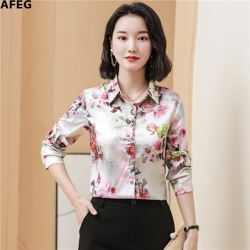 AFEG new Korean fashion loose and versatile temperament printed satin long-sleeved blouse for women