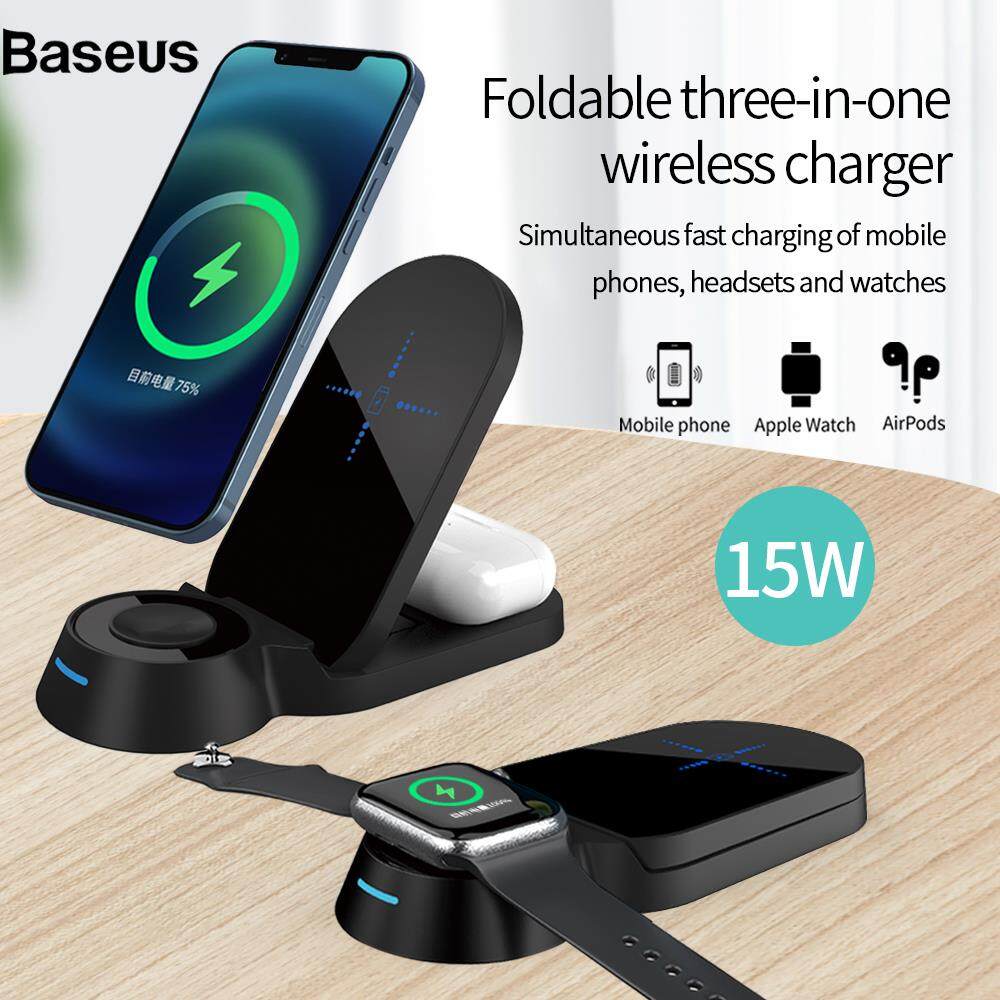 Baseus H22 Foldable 3-in-1 Wireless Charger 15W Fast Charging Stand Dock for Smartphones/Watches/Earphones