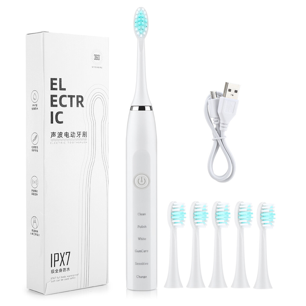 Ultrasonic Electric Toothbrush Rechargeable Teeth Cleaner Whiten IPX7 Waterproof with Replacement Brush Head for Adults Kids