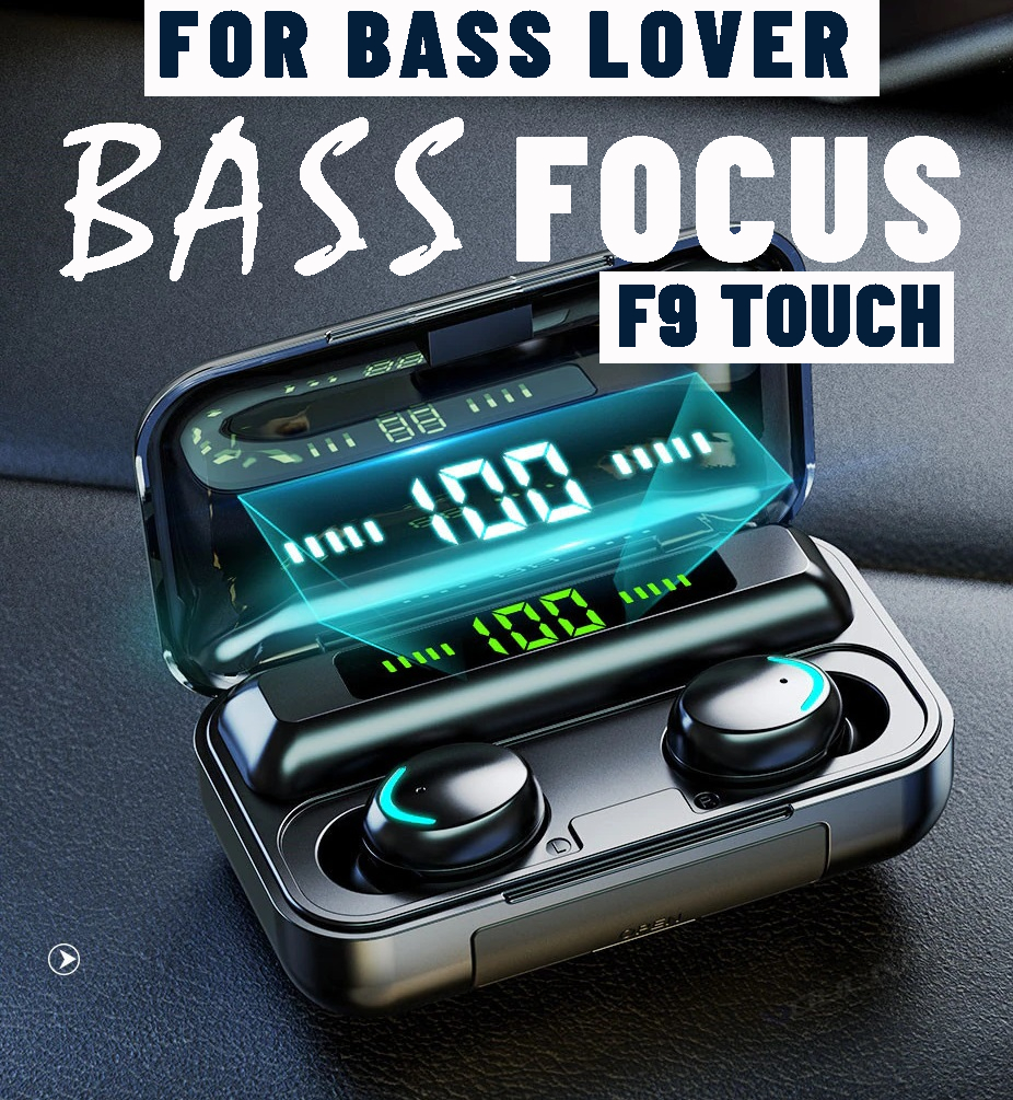 F9 TWS Bluetooth 5.0 Deep Bass +True Stereo Sound Wireless Earbuds *Waterproof. 1200mah Power Casing. Free Classic Reusable Washable Black MaskBlack