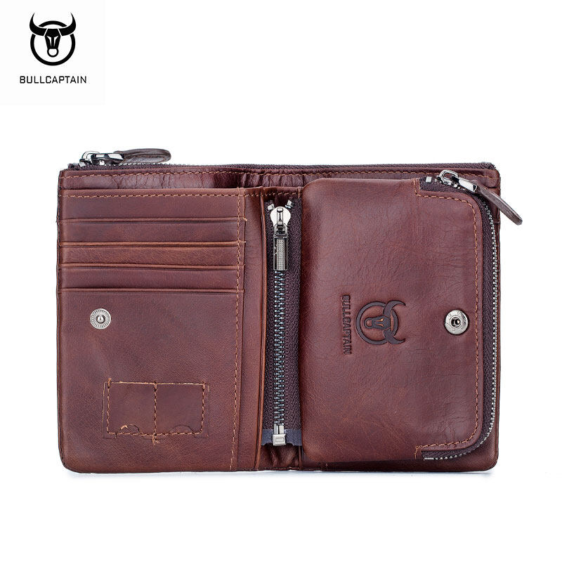 BULLCAPTAIN 100% Genuine Leather Men's Wallet Zip Retro Coin Purse
