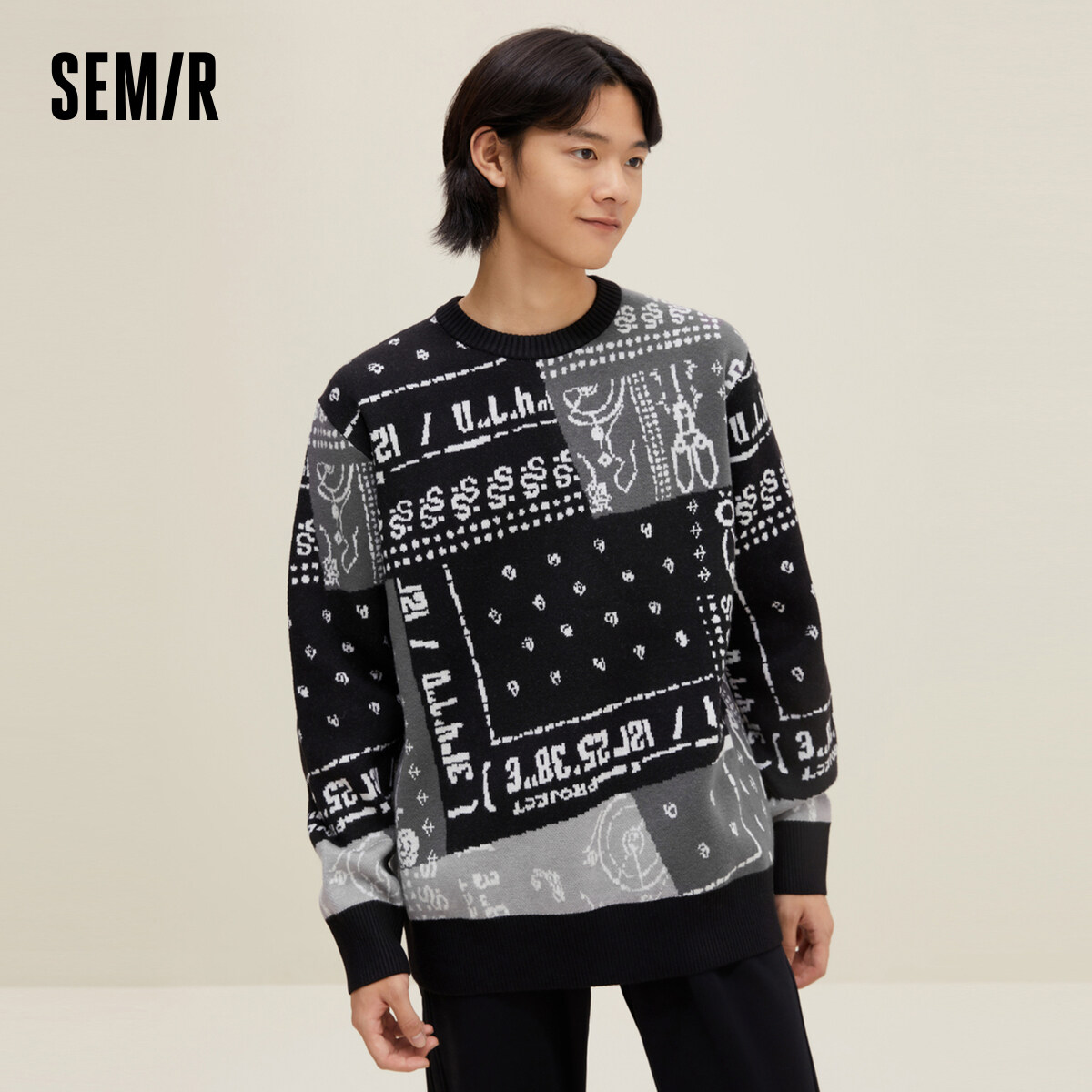 Semir Sweater Men Stitching Contrast Color 2022 Winter New Fashion Loose Knitted Sweater Trend