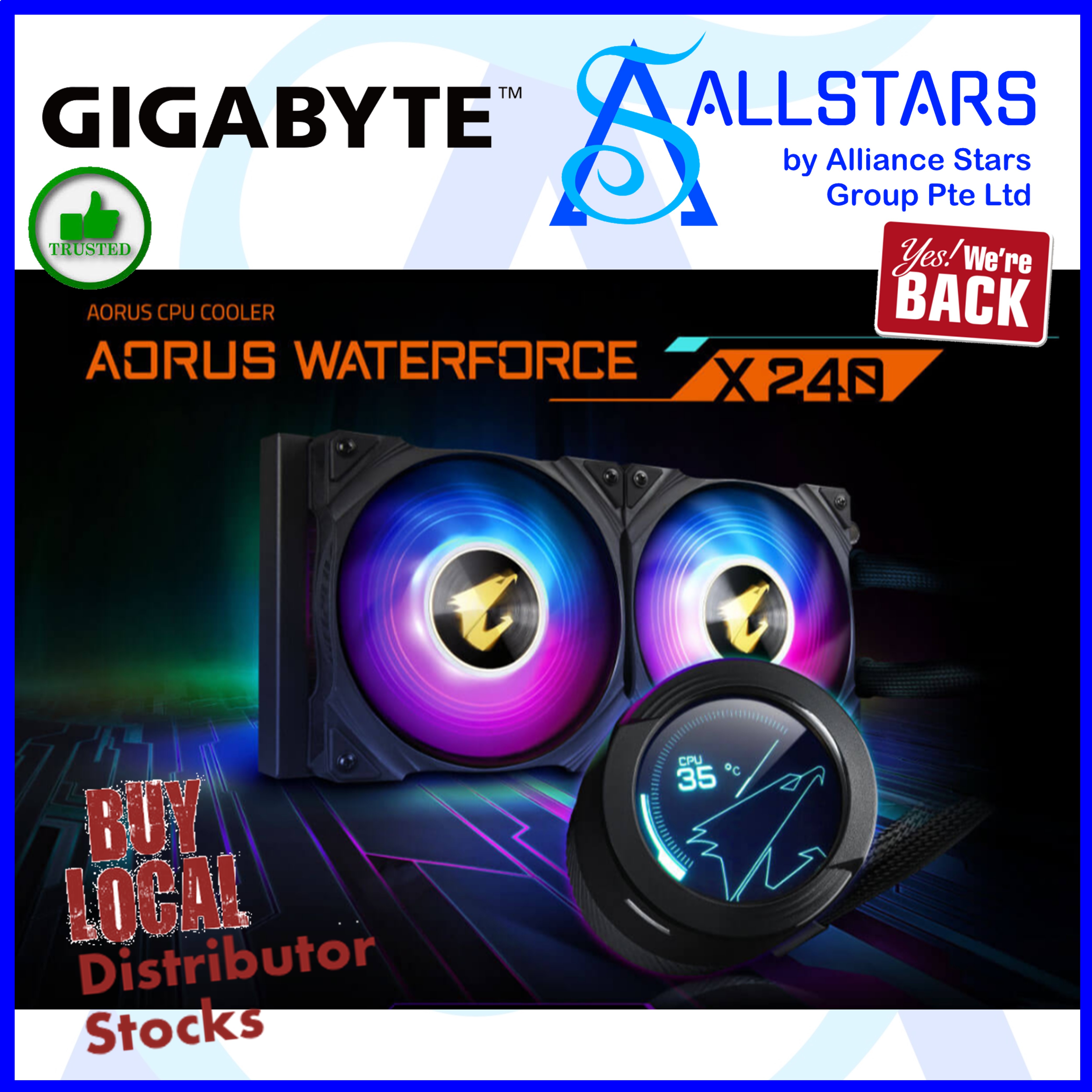 (ALLSTARS : We are Back PROMO) Gigabyte AORUS Waterforce X240 CPU Cooler / 60mm LCD Display / AORUS Fusion 2 / 2x120mm (Warranty 3years with Local Distributor CDL)