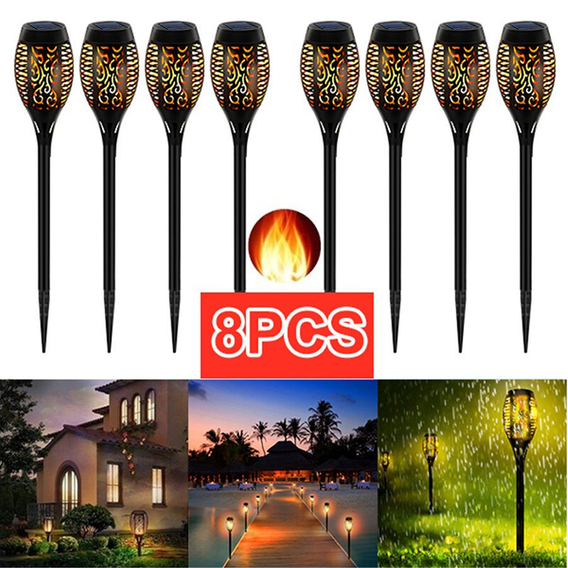 8PCS 12 LED Solar Garden Light with Flickering Flame, Outdoor Solar Fire Flame Effect Lantern, Torch Lights Landscape Decoration Stick Light