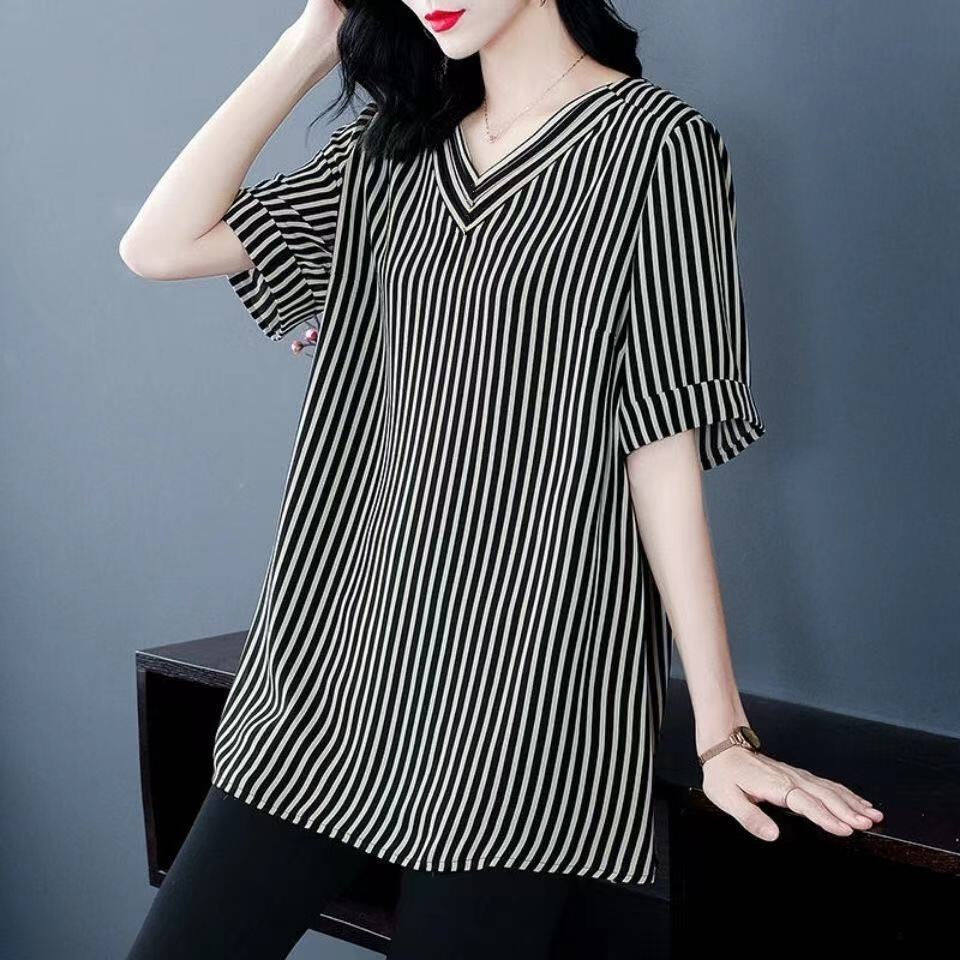 KF 2022 Striped T-Shirt Large summer new loose korean blouse plus size women formal middle age women clothes ladies casual fashion top oversize shirt