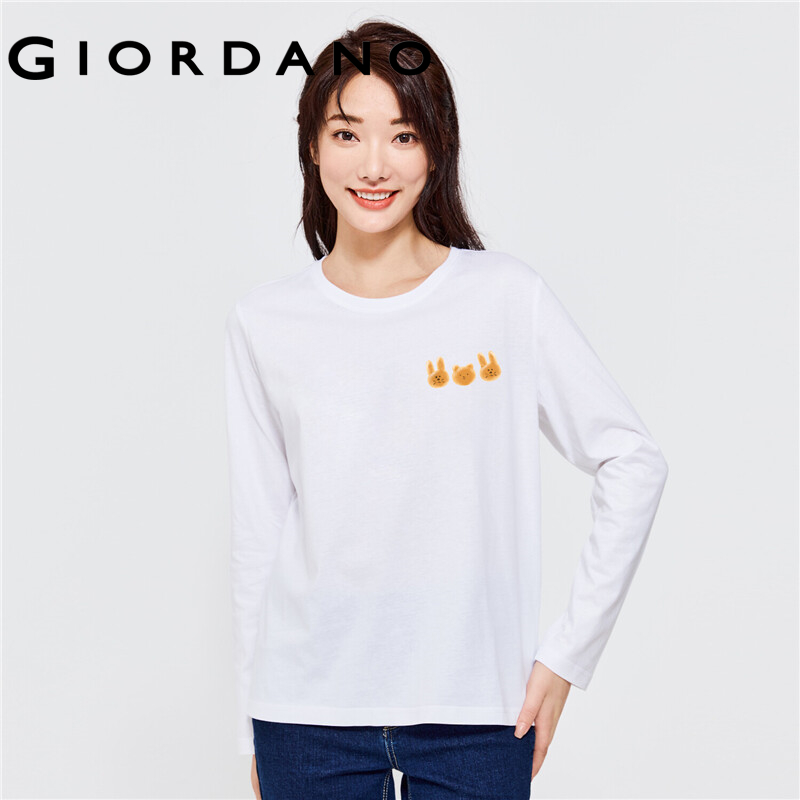 GIORDANO Women ZITA Series T-Shirts Cute Print Pattern Crewneck Simple Tee Long Sleeve 100% Cotton Casual T-Shirts 99392145