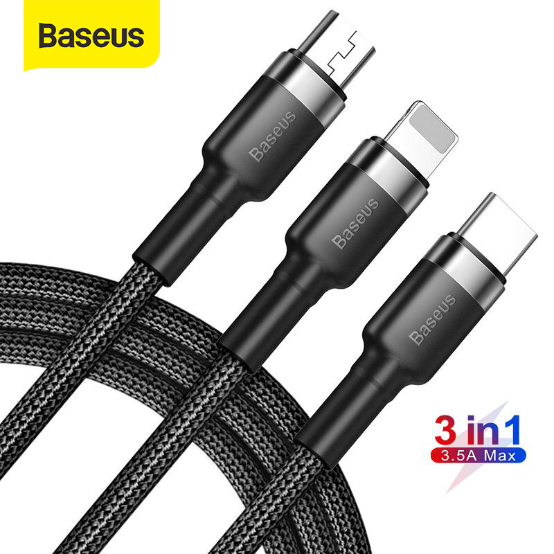 Baseus 3 in 1 USB Cable For iPhone 14 13 12 11 Fast Charging USB Type C Cable For Samsung S20 S10 Xiaomi Huawei Vivo Micro USB Data Cable