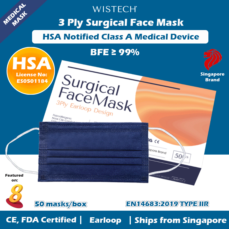 [GET %% OFF MIX AND MATCH] [Denim Inspired] Wistech 3 Ply Dark Blue Surgical Mask, 50 pieces, HSA Notified Medical Device, FDA CE Approved, BFE 99%, Singapore Ready Stock