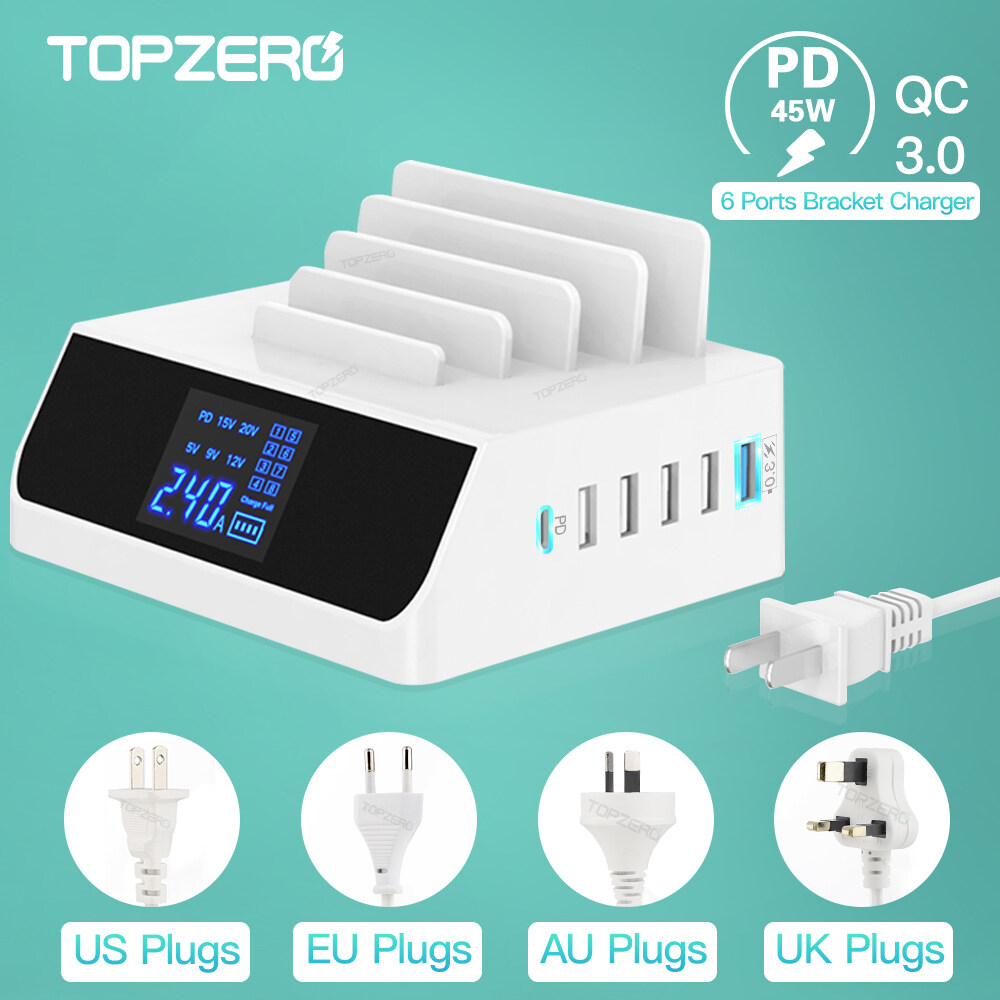 TOPZERO 100W Multiple USB Charger 6 Ports Fast Charge Docking Station Hub with Quick Charge 3.0 USB Port Type C PD Port Charging Adapter Compatible with iPhone Cell Phone iPad Tablet Laptop Devices