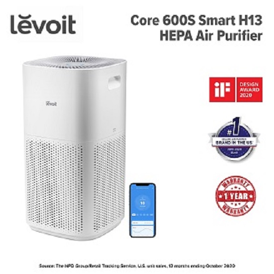 Levoit Core600S Smart Air Purifier, covers 147sqm, 3-Stage H13 True HEPA filters 99.97% of airborne particles 0.3microns in size for Allergies, Pets, Smoke, Dust, for extra-large room with Air Quality