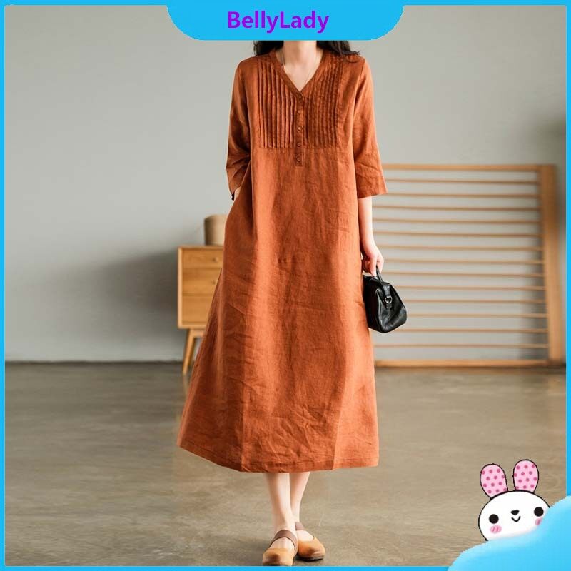 Women Summer Cotton Linen Dress Loose Solid Color Midi Skirt Fashion Trend V Neck Half Sleeves Dress