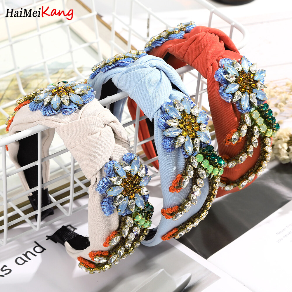 1Pc Korean Fashion Headband Embroidered Flowers with Diamonds and Knots Hair Band Hair Accessories