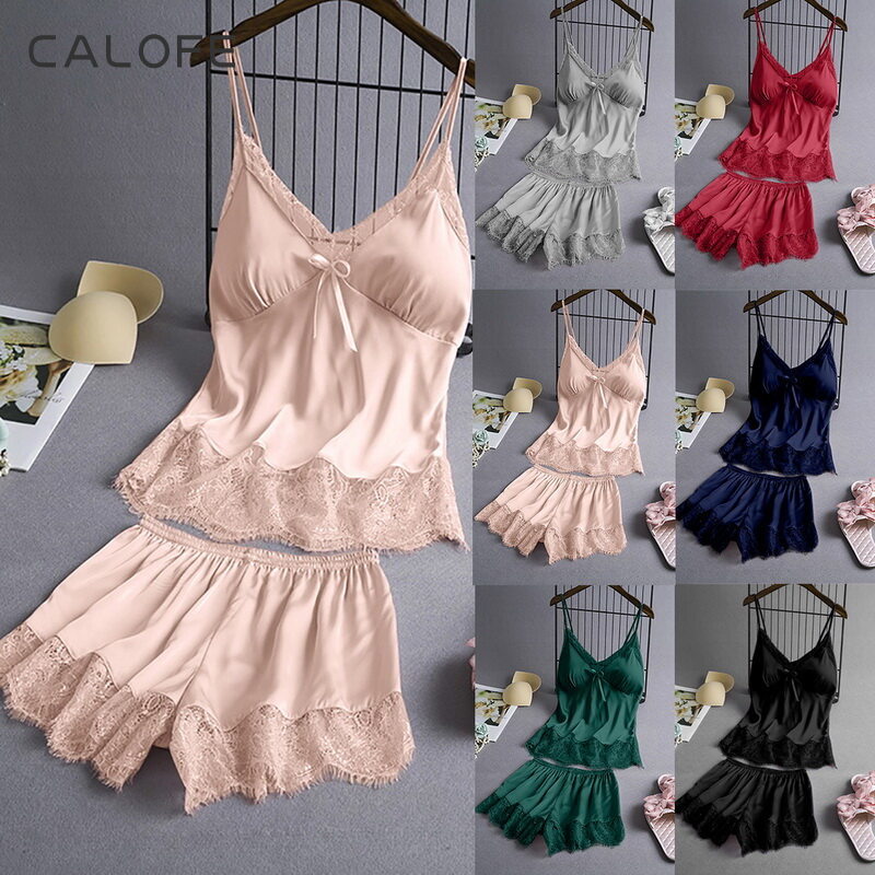 CALOFE 2Pcs/Set Women Pajamas Set Lingerie Women Satin Sexy Bowknot Lace Lingerie Babydoll V-neck Underwear Nightwear Sleeping Wear