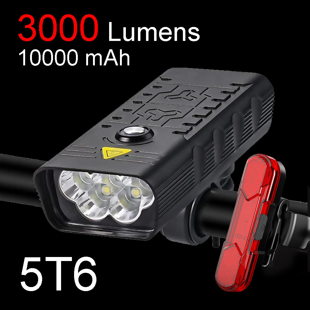 10000mAh Bike Light USB Rechargeable 3000 Lumens Bike Headlight 5T6 LED Super Bright Flashlight Front Lights and Back Rear light