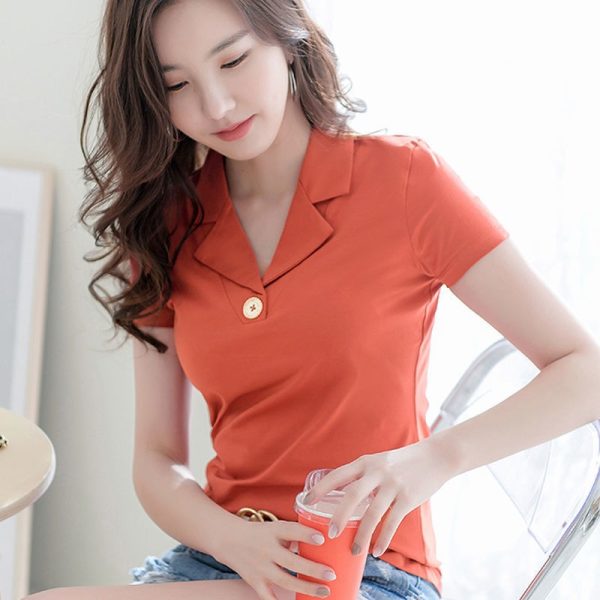 100KG Can Wear Suit Collar Short Sleeve T-shirt Women Polo Shirt Korean Style Temperament Elegant V Neck Retro Plain Shirt Female Lapel t shirt Plus Size Work clothes high-quality