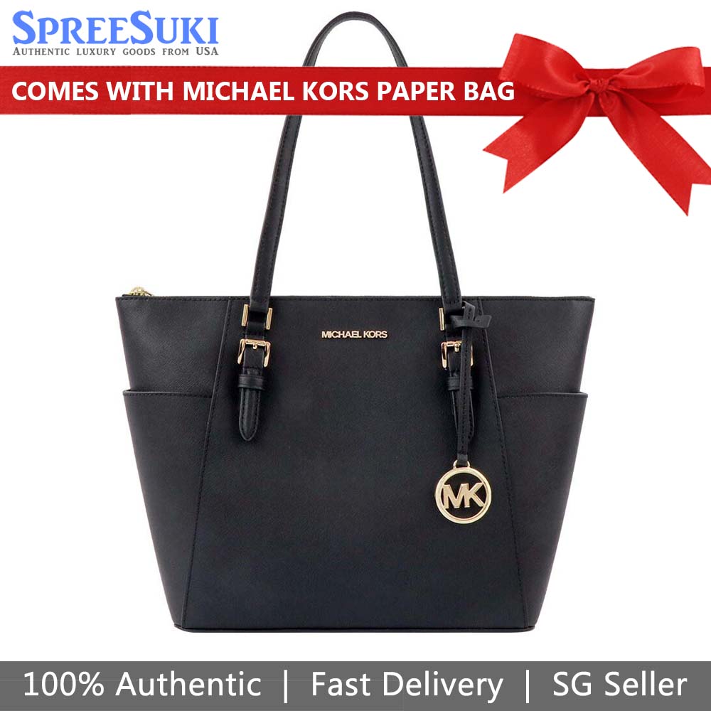 Michael Kors Tote With Gift Bag Jet Set Travel Zip Top Tote Shoulder Bag Black Vanilla Brown
