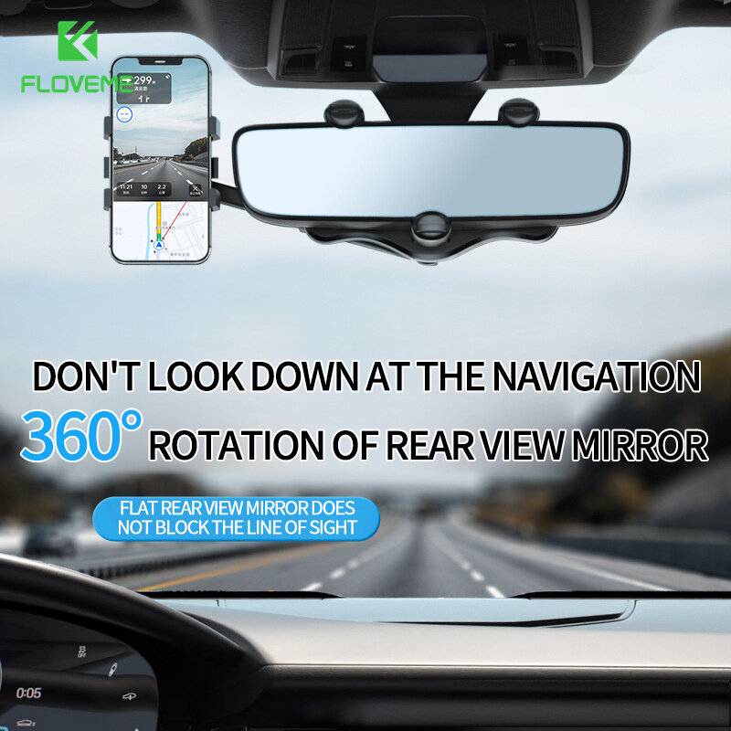 FLOVEME New Multifunctional Car Phone Holder Car Rearview Mirror Mounts for GPS Navigation 360° Rotating Retractable Car Phone Stand Holder for iPhone 14 Pro Max 13 12 Pro Max Samsung S22 Ultra S21 Ul