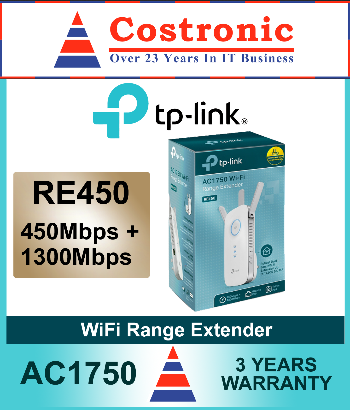 TP-Link RE450 AC1750 Dual Band Gigabit MU-MIMO Wi-Fi Range Extender/3 Years Distributor Warranty