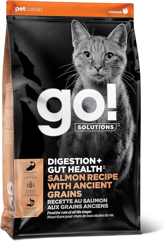 GO! SOLUTIONS Digestion + Gut Health Salmon Recipe with Ancient Grains for Cats, 16 lb Bag - Dry Cat Food for Indoor and Outdoor Cats of All Life Stages - Including Seniors